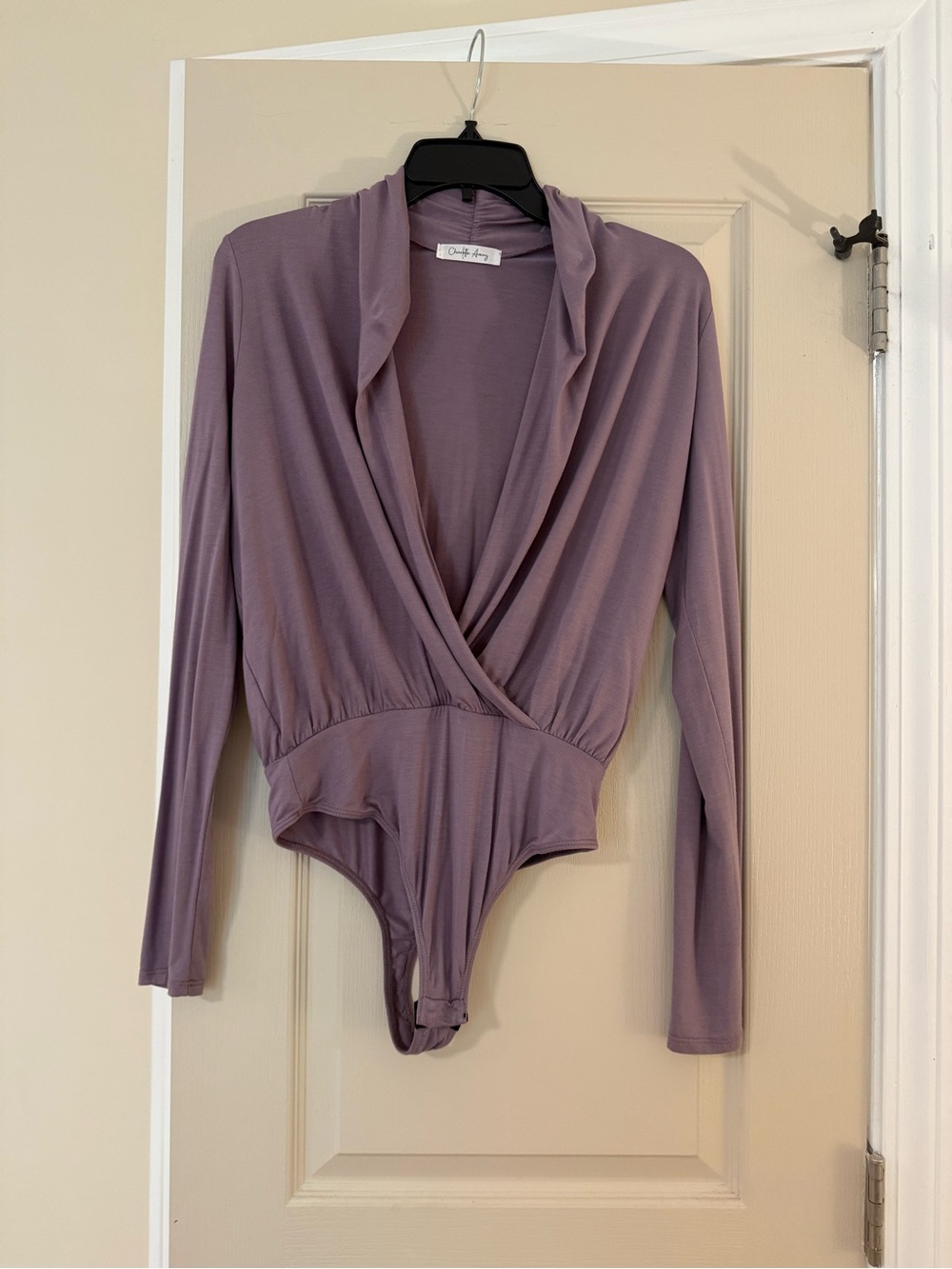 Draped Wrap-Front Long Sleeve Bodysuit in Lilac